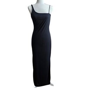 Vintage 90s Black Slip Dress Open Scoop Back Leg Slits Women's XS Formal Prom